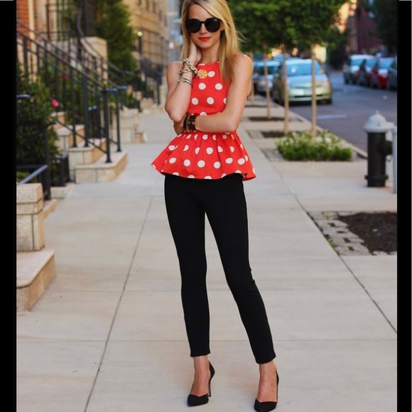 Asos red white polka dot print peplum tank top blouse flare sleeveless shell - Picture 2 of 5